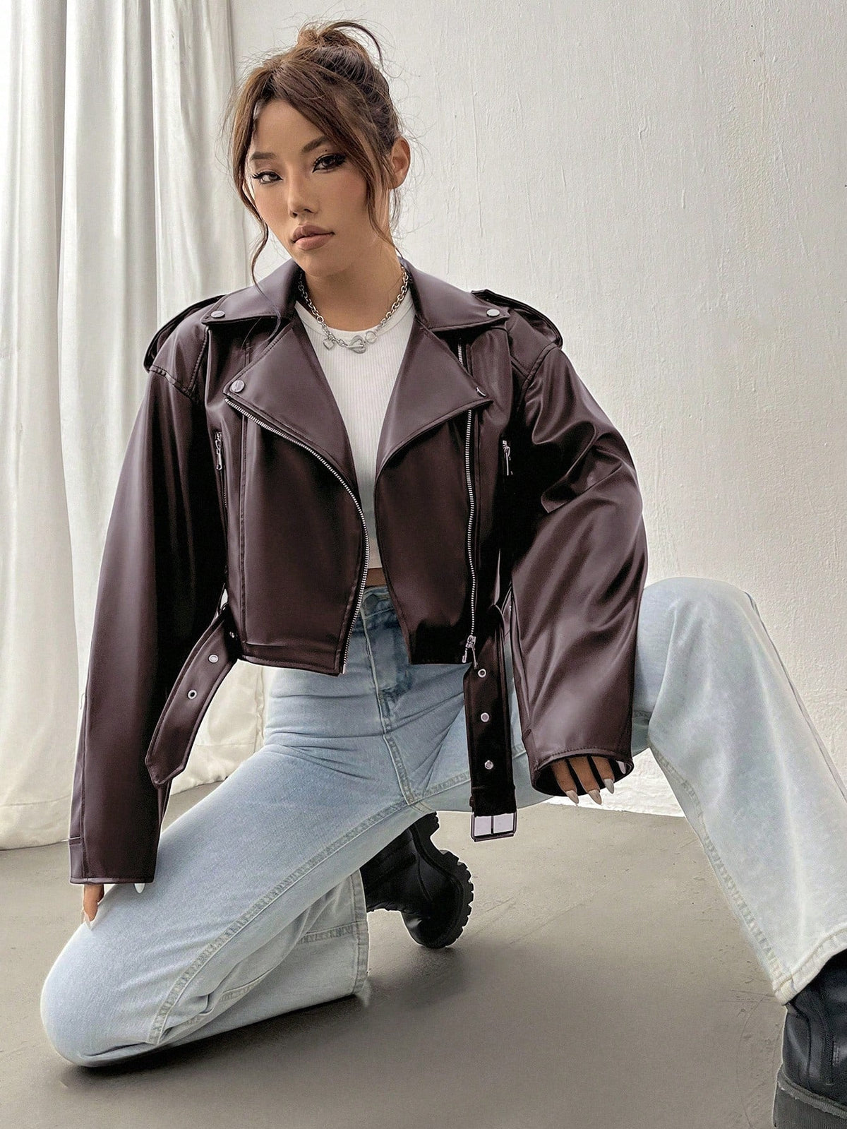 StreetHx Zip Up Couro Do Plutônio Jaqueta de Moto - Vinho