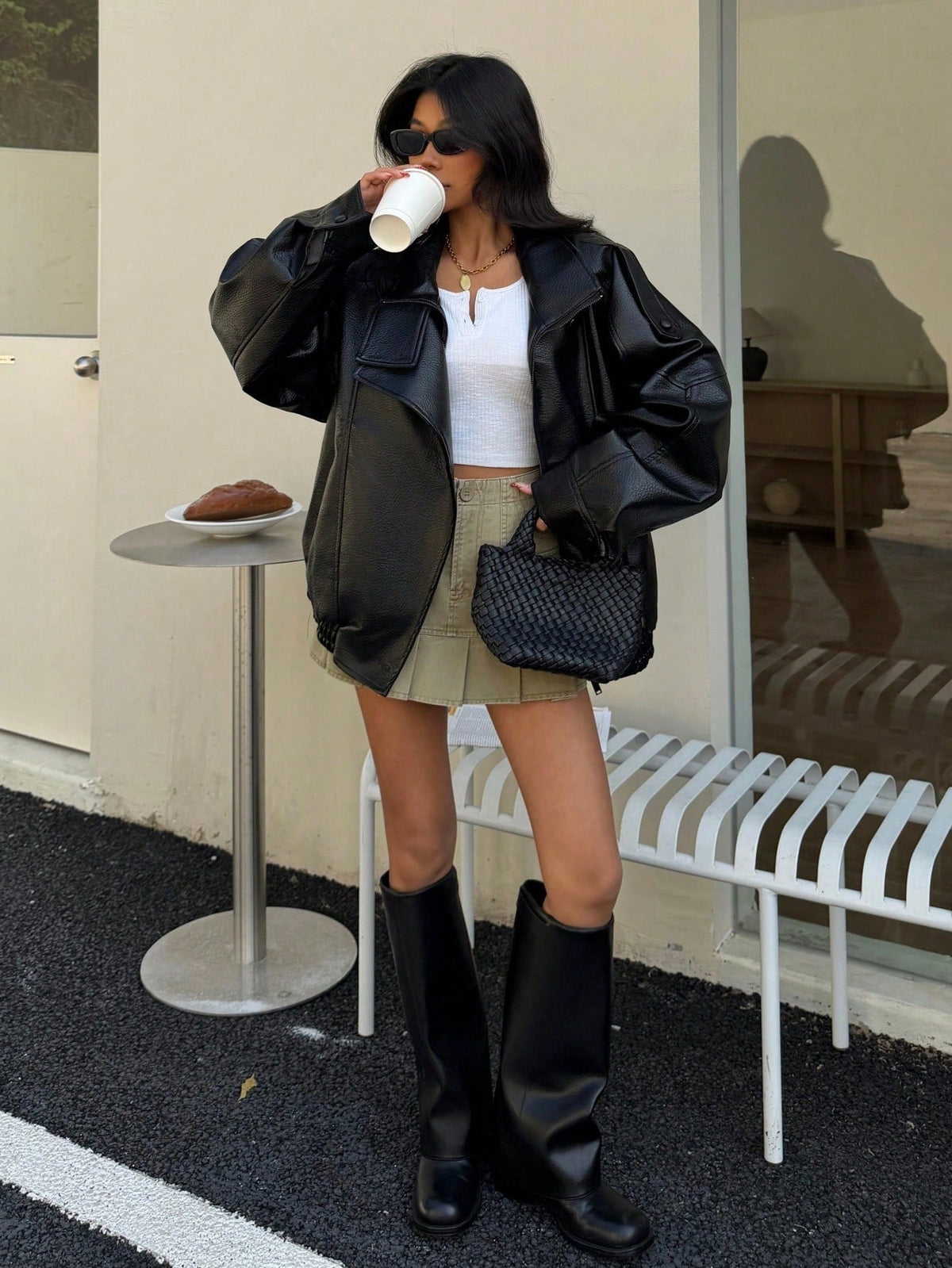 Seelio Jaqueta Casual Feminina de Couro Sintético com Gola Alta, Estilo Europeu e Americano, Moda Minimalista Versátil, Streetwear, Outono/Inverno - Preto
