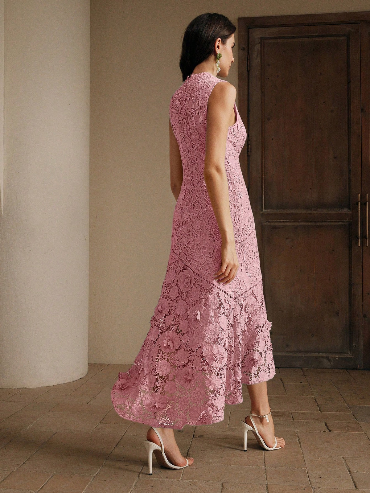 Anewsta Vestido Elegante de Pescoço Redondo de Renda com Splice Vazado, Primavera e Verão - Rosa chiclete