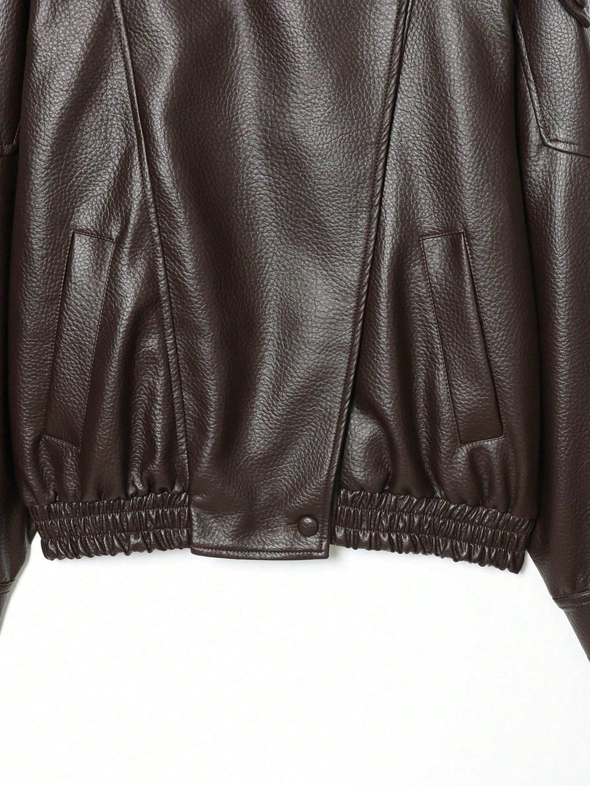 Seelio Jaqueta Casual Feminina de Couro Sintético com Gola Alta, Estilo Europeu e Americano, Moda Minimalista Versátil, Streetwear, Outono/Inverno - Marrom F