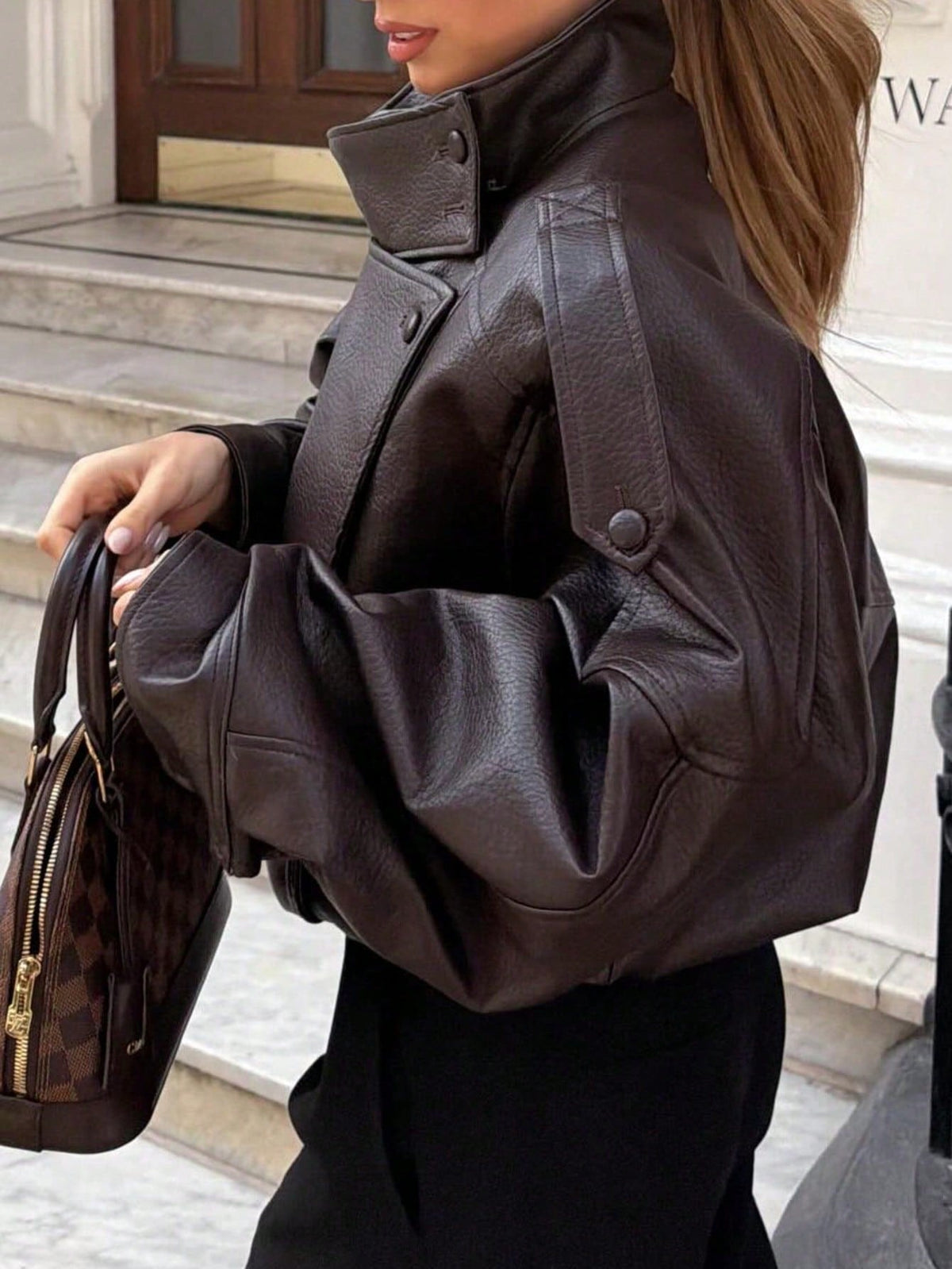 Seelio Jaqueta Casual Feminina de Couro Sintético com Gola Alta, Estilo Europeu e Americano, Moda Minimalista Versátil, Streetwear, Outono/Inverno - Marrom F