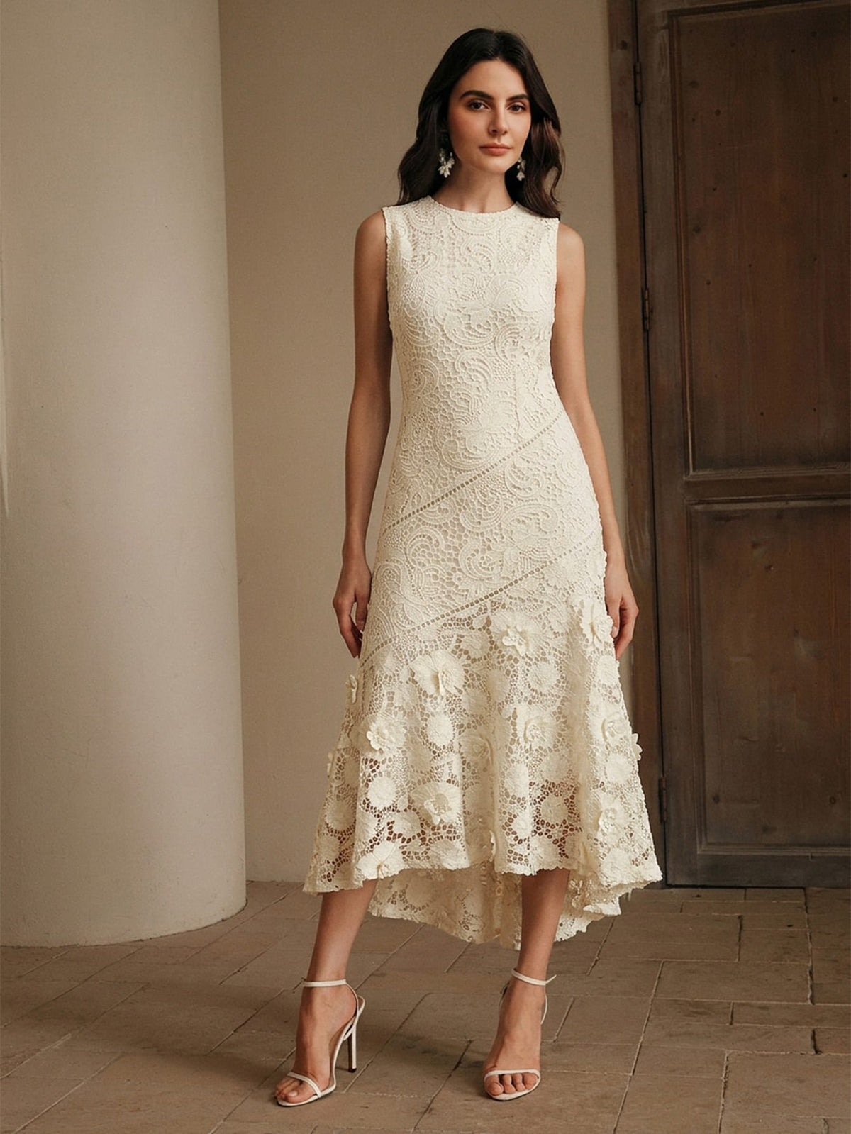 Anewsta Vestido Elegante de Pescoço Redondo de Renda com Splice Vazado, Primavera e Verão - Damasco