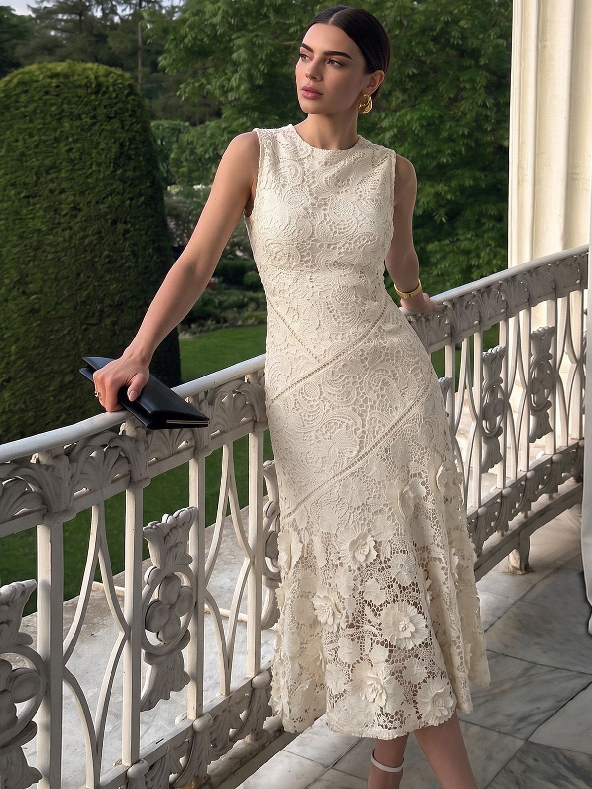 Anewsta Vestido Elegante de Pescoço Redondo de Renda com Splice Vazado, Primavera e Verão - Damasco