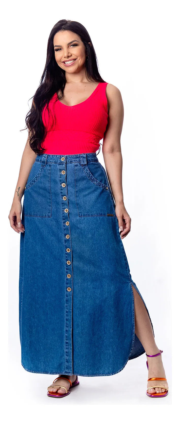 Saia Longa Jeans Premium Lançamento Moda Evangélica S4036 - Azul