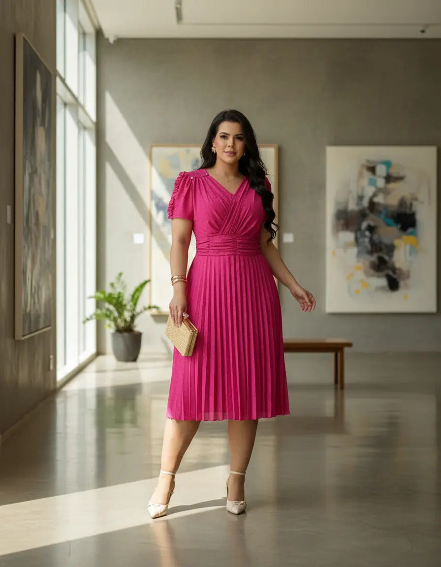 Vestido Midi Em Malha Lese Com Manga Curta Feminino Plissado - Rosa Pink