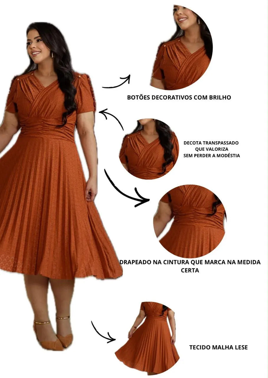 Vestido Midi Em Malha Lese Com Manga Curta Feminino Plissado - Laranja Terracota