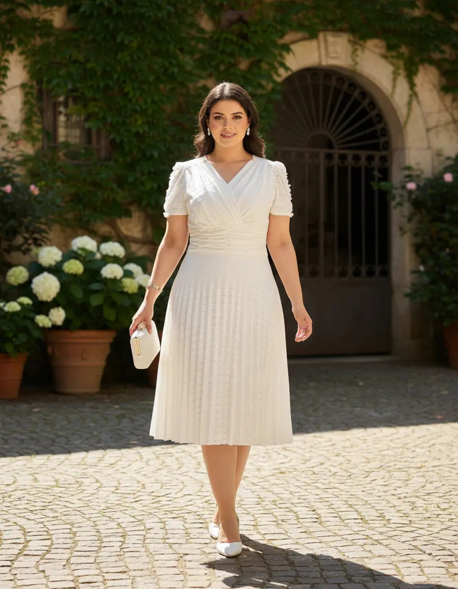 Vestido Midi Em Malha Lese Com Manga Curta Feminino Plissado - Off-white