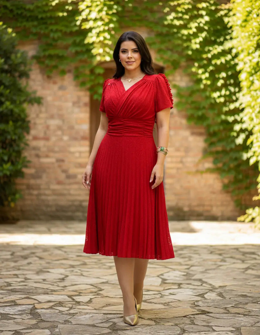 Vestido Midi Em Malha Lese Com Manga Curta Feminino Plissado - Vermelho