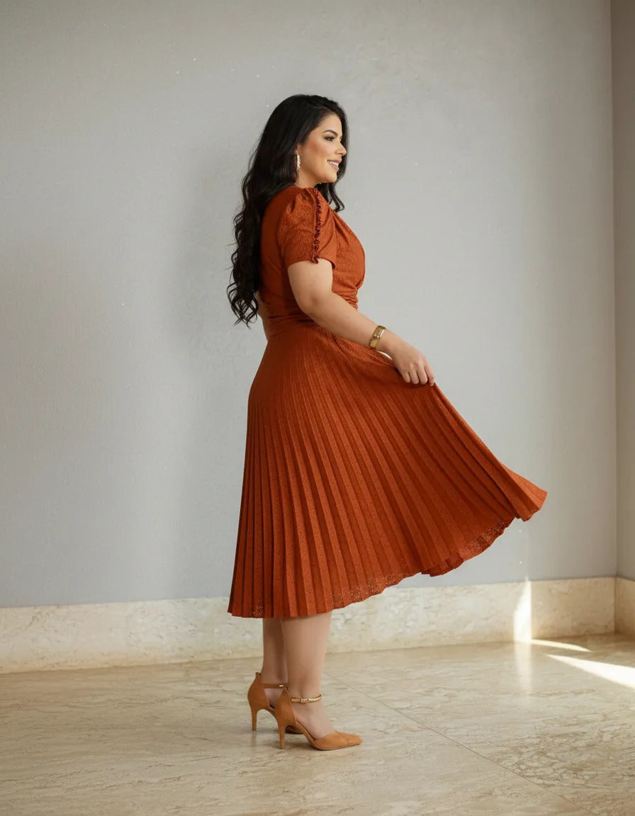 Vestido Midi Em Malha Lese Com Manga Curta Feminino Plissado - Laranja Terracota