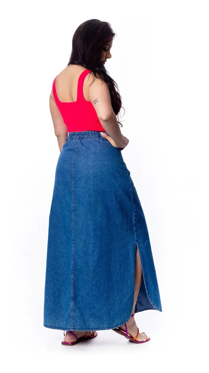 Saia Longa Jeans Premium Lançamento Moda Evangélica S4036 - Azul