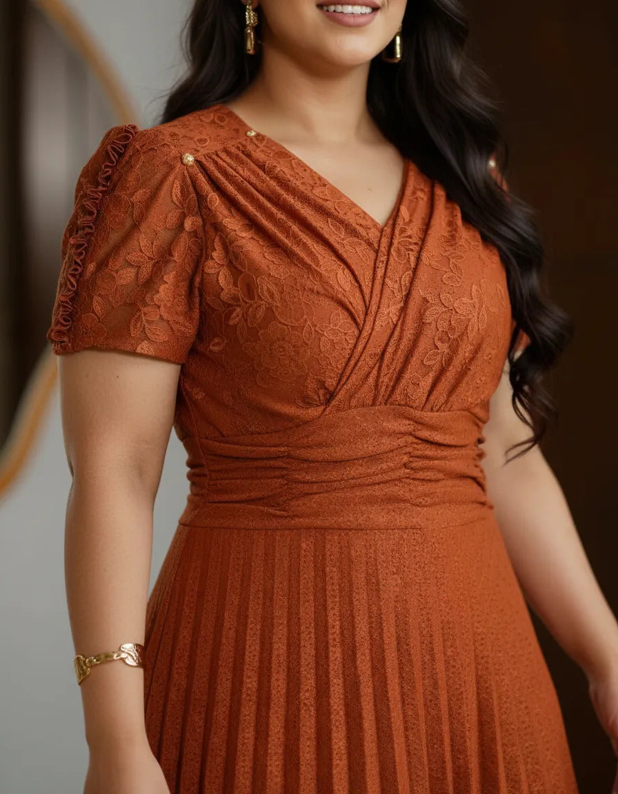 Vestido Midi Em Malha Lese Com Manga Curta Feminino Plissado - Laranja Terracota