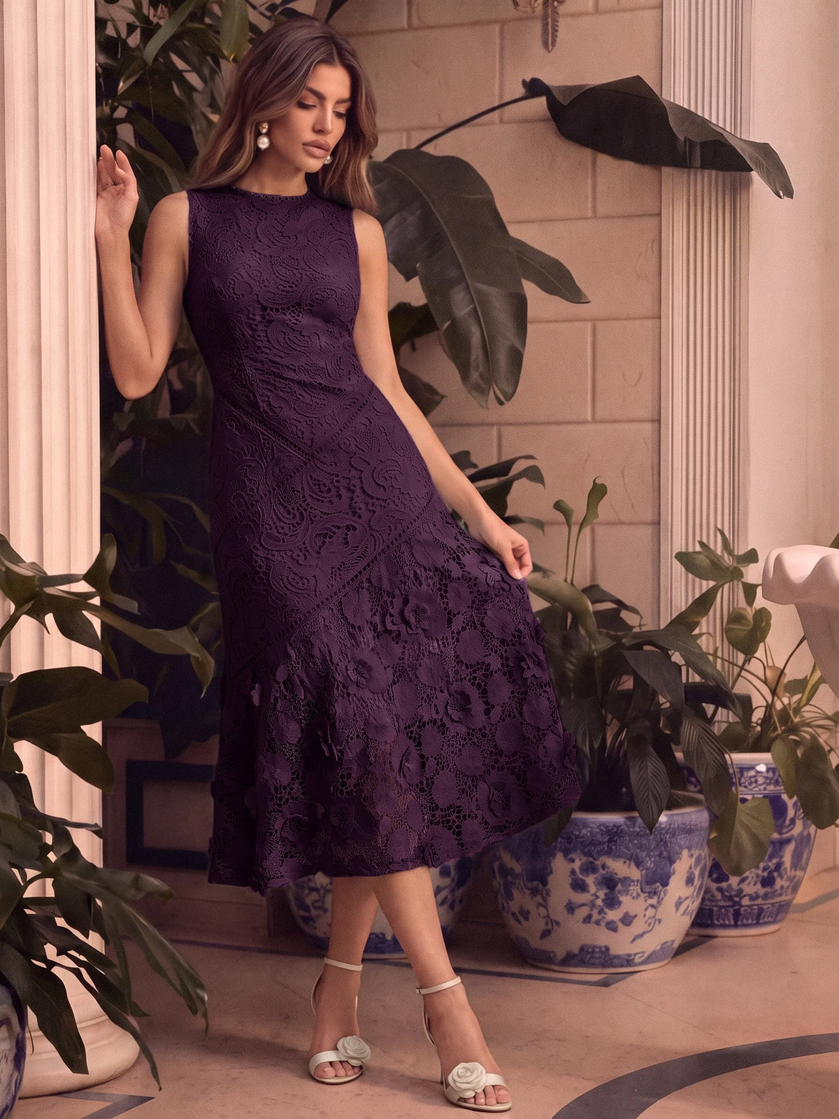 Anewsta Vestido Elegante de Pescoço Redondo de Renda com Splice Vazado, Primavera e Verão - Roxo