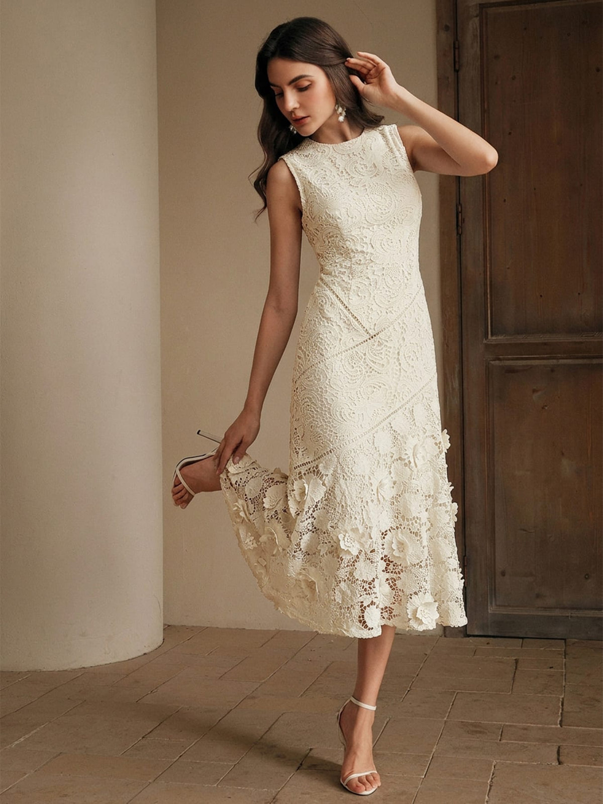 Anewsta Vestido Elegante de Pescoço Redondo de Renda com Splice Vazado, Primavera e Verão - Damasco