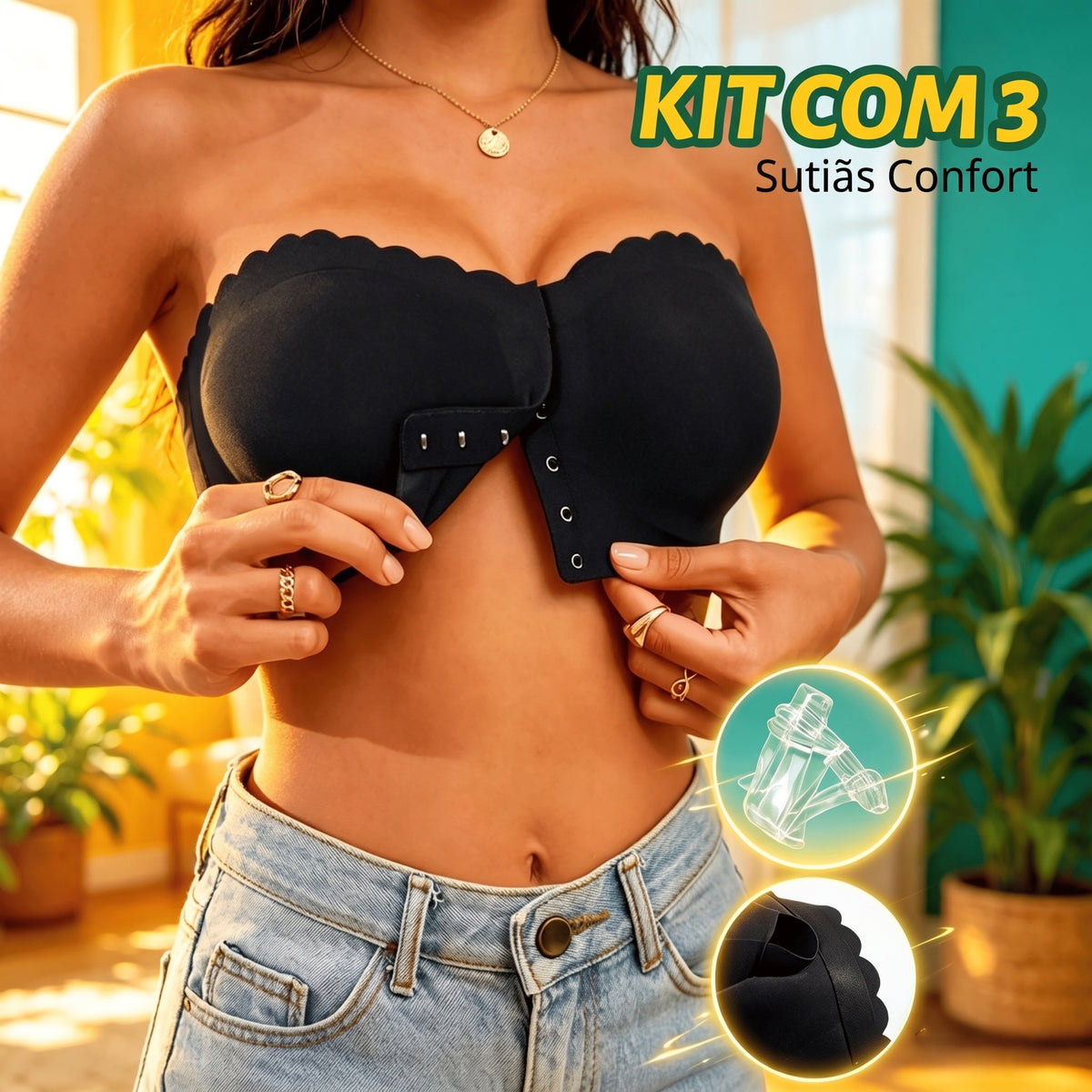 Kit 3 Sutiãs Confort preto sem costura com fecho frontal