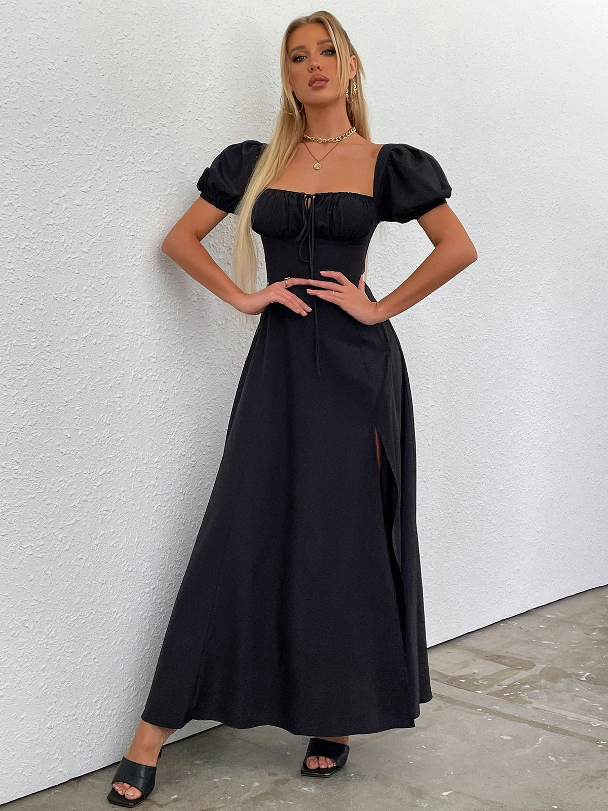 Vestido Longo Manuela Ombro a Ombro com Busto Franzido e Fenda