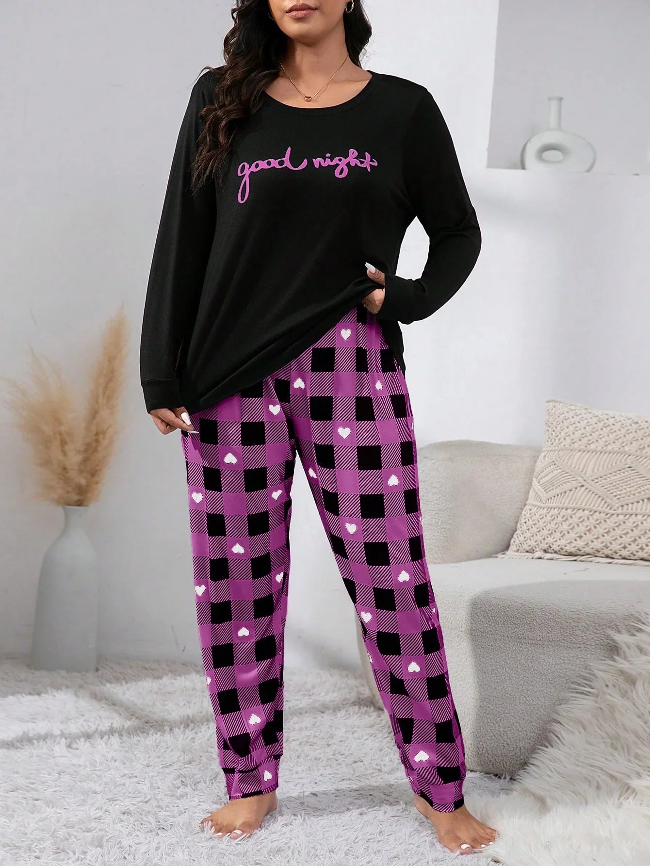 Pijama Plus Size Feminino Xadrez Manga Comprida