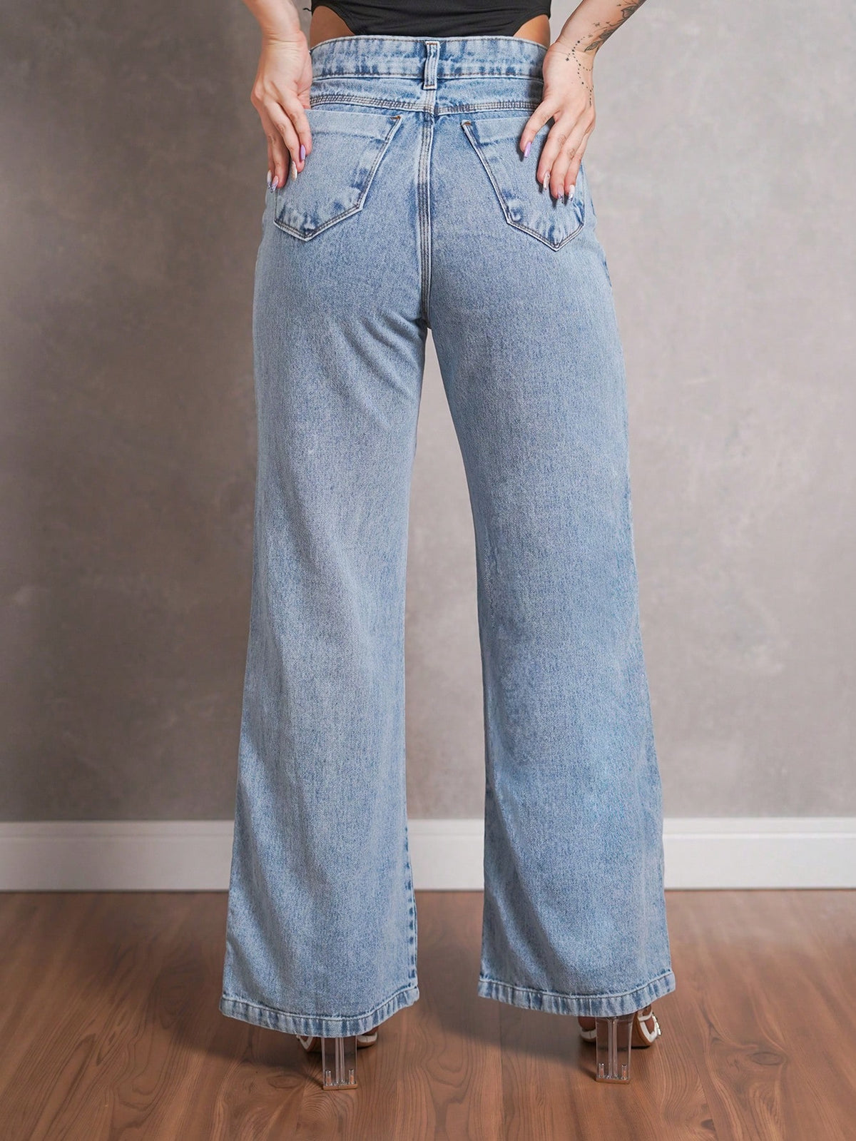 Calça Jeans Pantalona Giovanna Wide Leg Cintura Alta Marmorizada