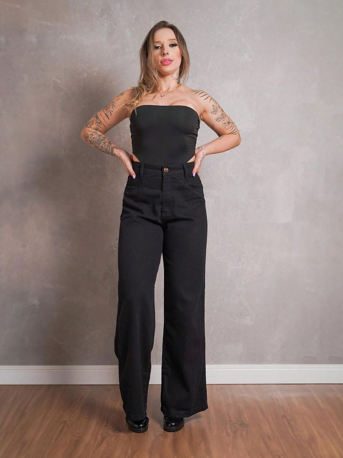 Calça Jeans Pantalona Giovanna Wide Leg Cintura Alta Marmorizada