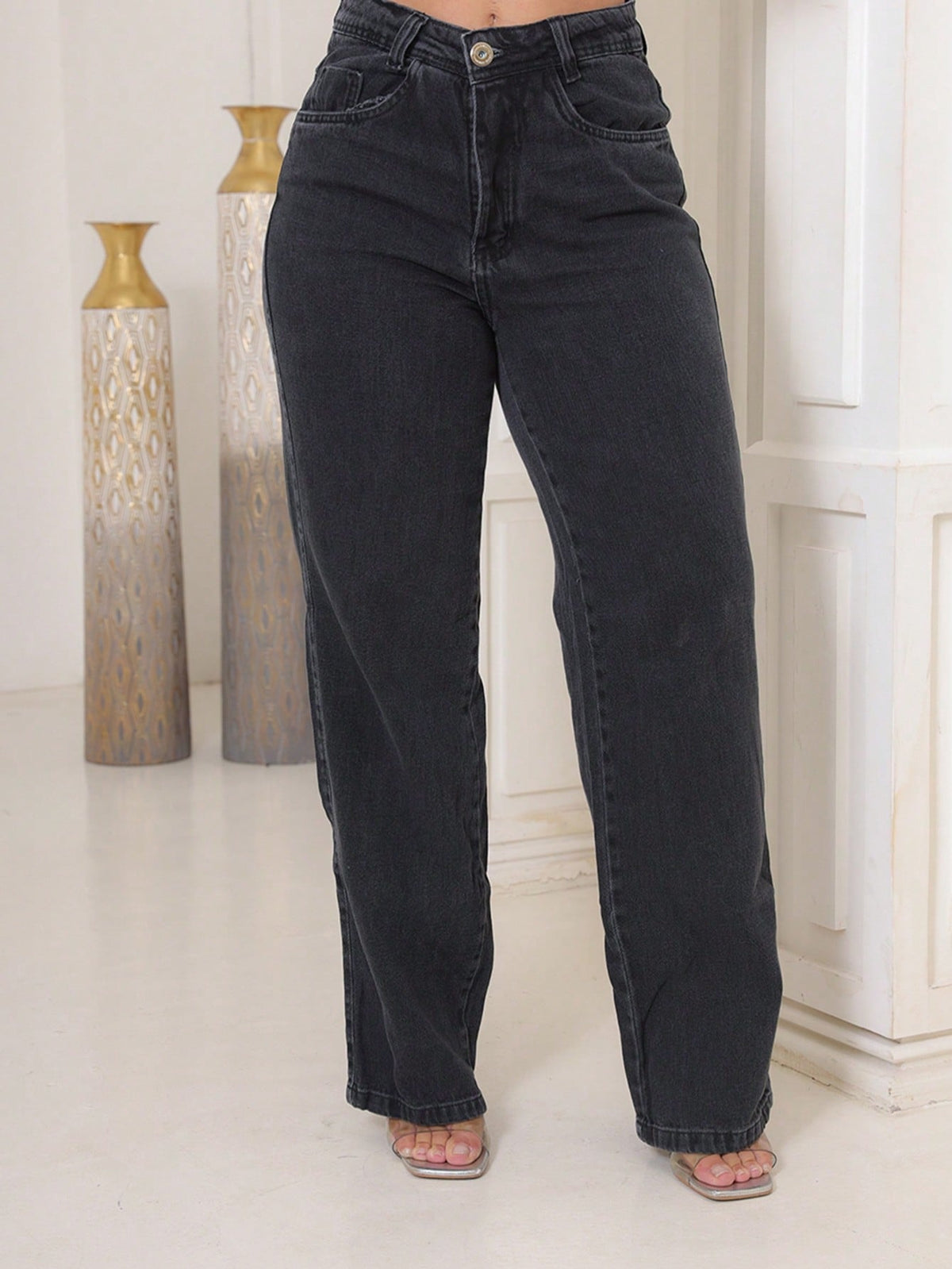 Calça Jeans Pantalona Giovanna Wide Leg Cintura Alta Marmorizada