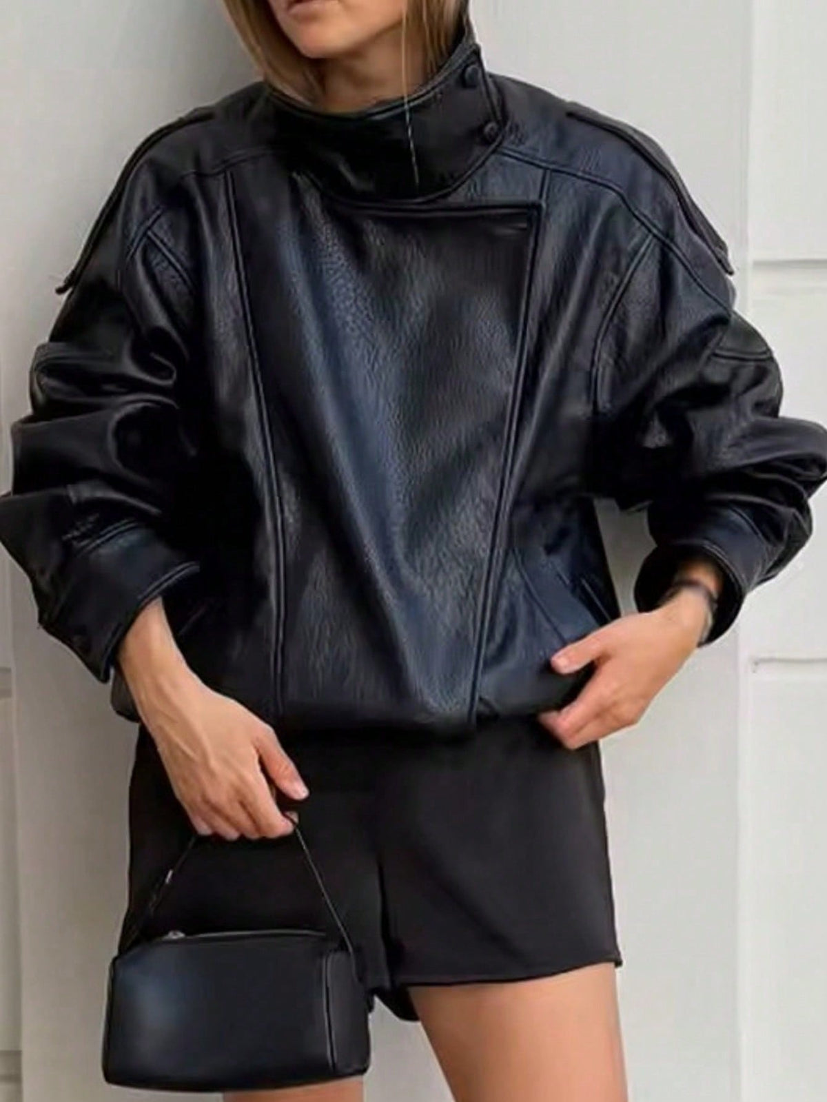 Seelio Jaqueta Casual Feminina de Couro Sintético com Gola Alta, Estilo Europeu e Americano, Moda Minimalista Versátil, Streetwear, Outono/Inverno - Preto F