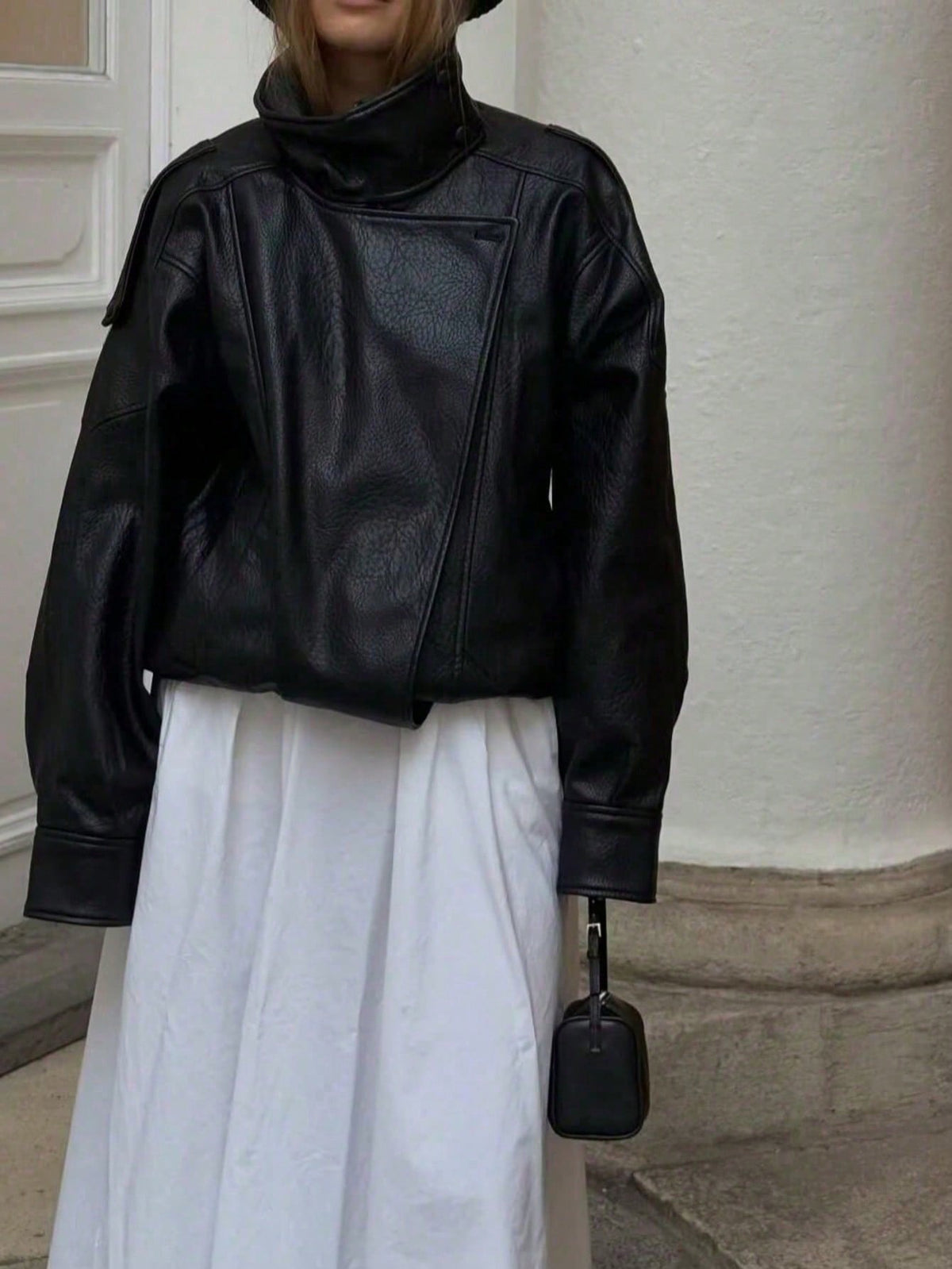 Seelio Jaqueta Casual Feminina de Couro Sintético com Gola Alta, Estilo Europeu e Americano, Moda Minimalista Versátil, Streetwear, Outono/Inverno - Preto F