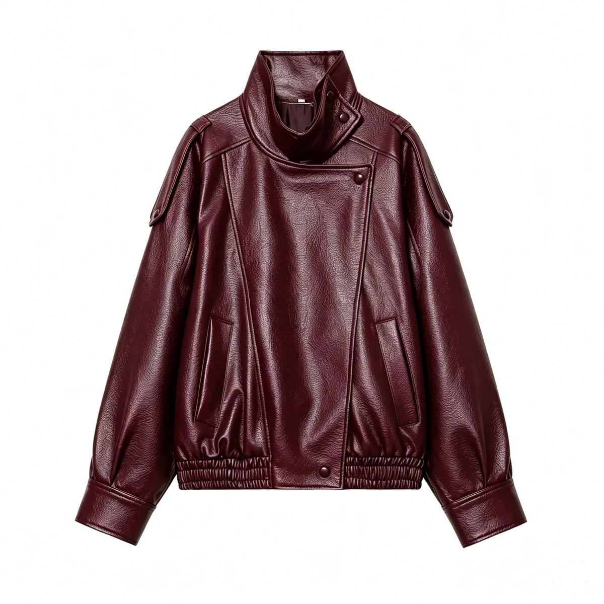 Seelio Jaqueta Casual Feminina de Couro Sintético com Gola Alta, Estilo Europeu e Americano, Moda Minimalista Versátil, Streetwear, Outono/Inverno - Borgonha F