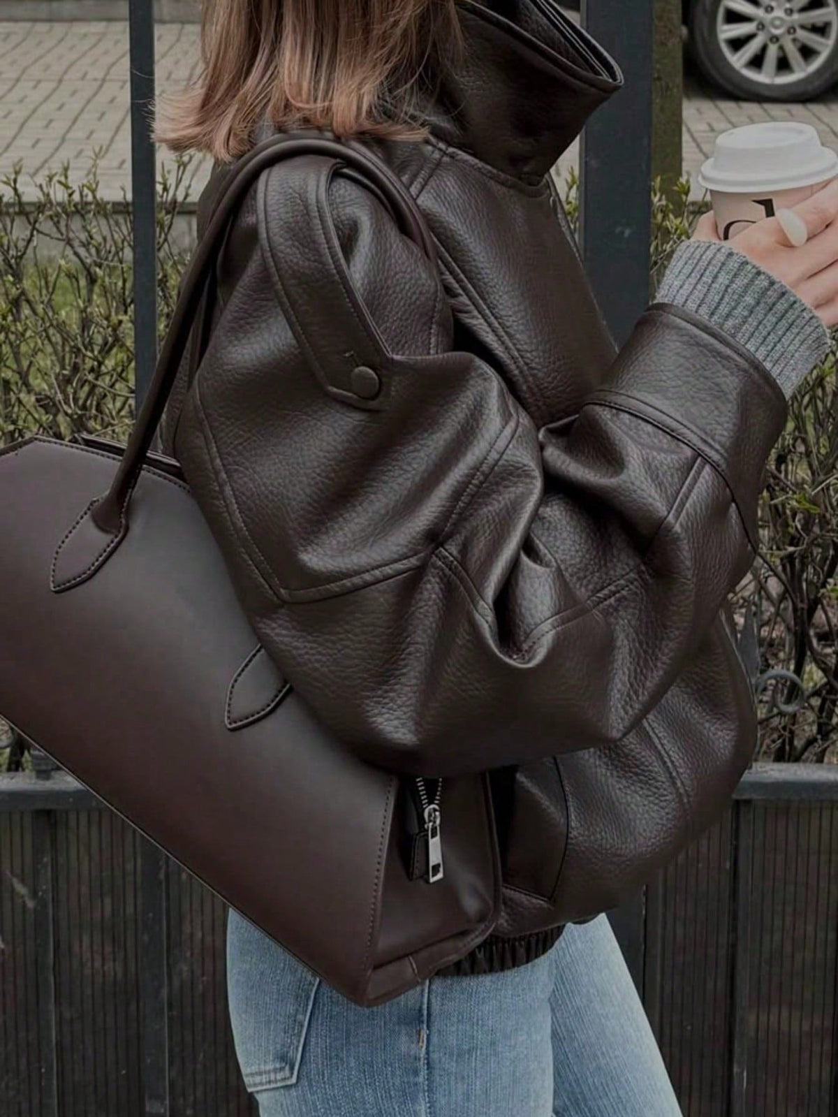 Seelio Jaqueta Casual Feminina de Couro Sintético com Gola Alta, Estilo Europeu e Americano, Moda Minimalista Versátil, Streetwear, Outono/Inverno - Marrom F