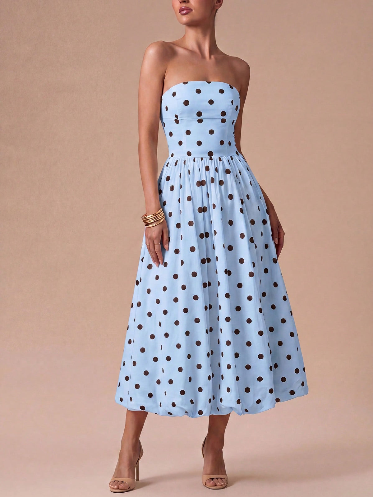 Vestido Midi Sofia de Poá Tomara que Caia com Barra Balonê, para Casamento e Festa