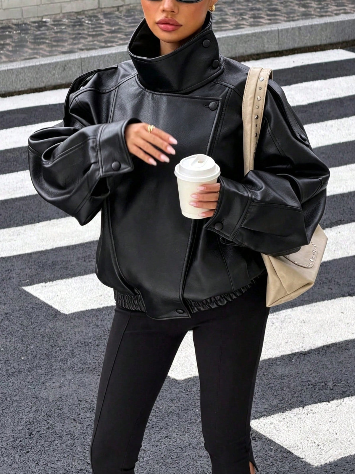 Seelio Jaqueta Casual Feminina de Couro Sintético com Gola Alta, Estilo Europeu e Americano, Moda Minimalista Versátil, Streetwear, Outono/Inverno - Preto