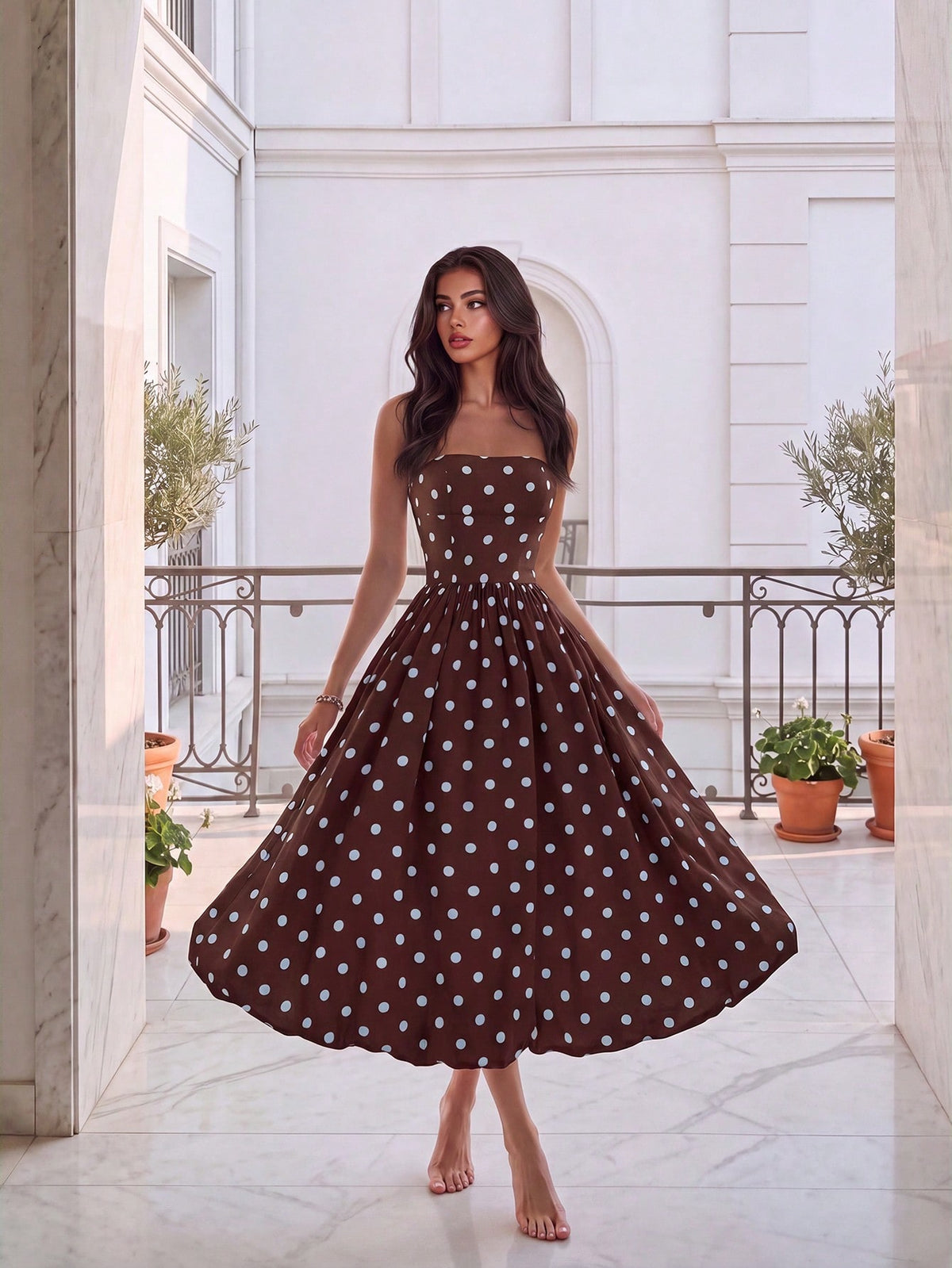 Vestido Midi Sofia de Poá Tomara que Caia com Barra Balonê, para Casamento e Festa
