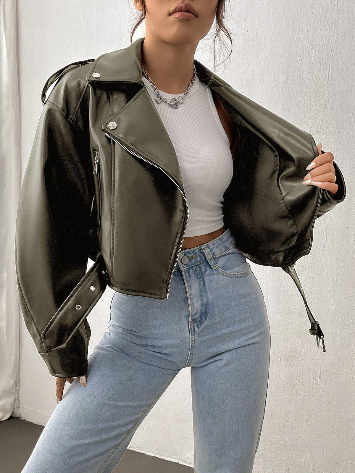 StreetHx Zip Up Couro Do Plutônio Jaqueta de Moto - Verde Militar