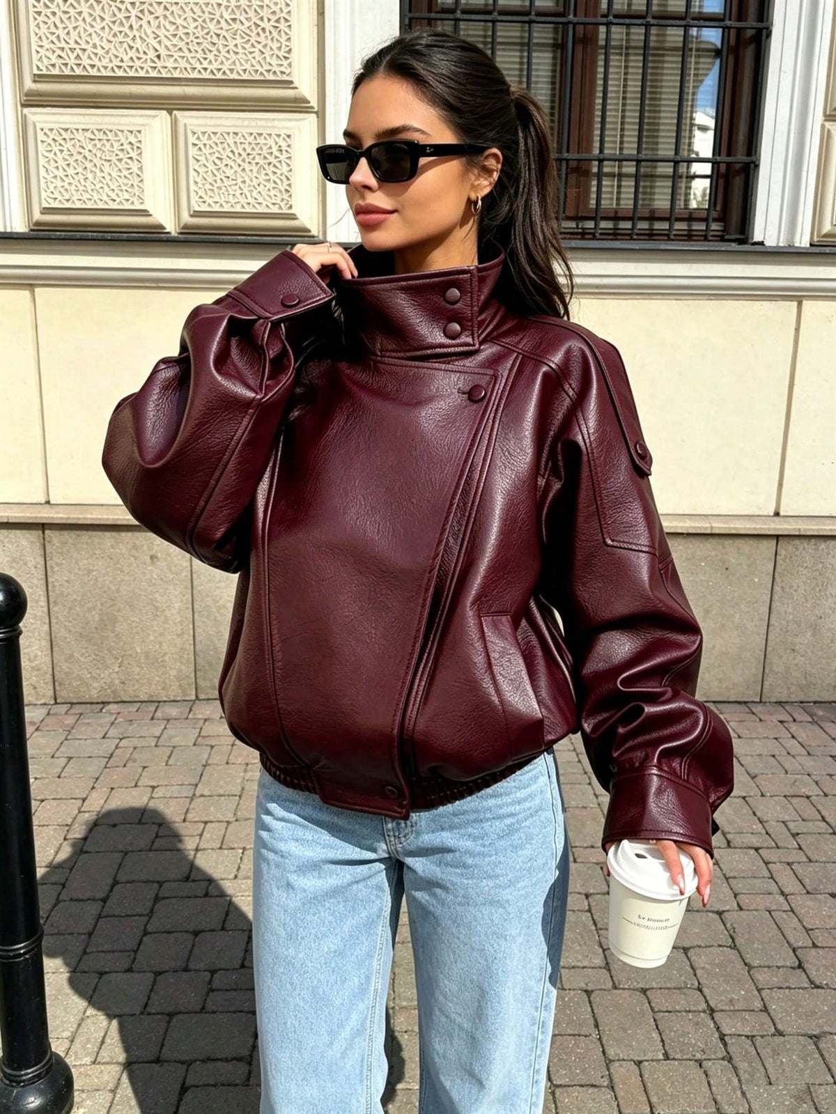 Seelio Jaqueta Casual Feminina de Couro Sintético com Gola Alta, Estilo Europeu e Americano, Moda Minimalista Versátil, Streetwear, Outono/Inverno - Borgonha F