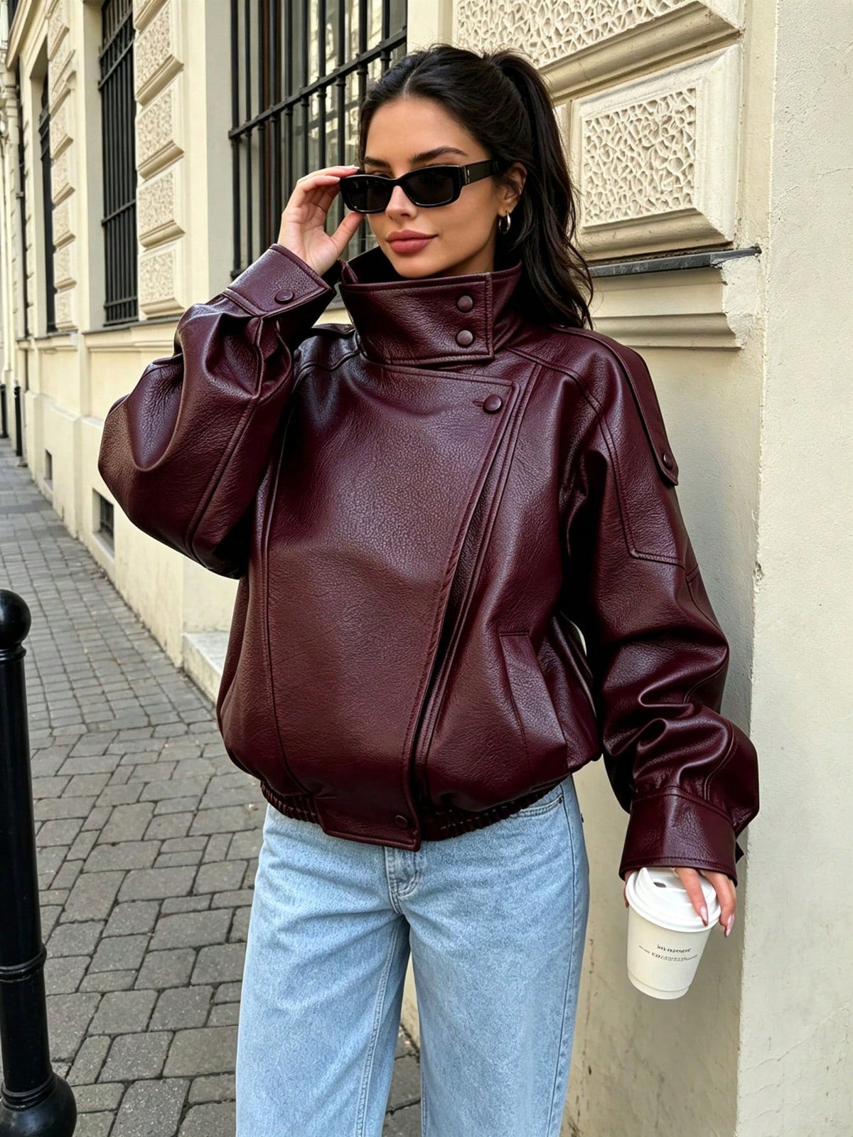 Seelio Jaqueta Casual Feminina de Couro Sintético com Gola Alta, Estilo Europeu e Americano, Moda Minimalista Versátil, Streetwear, Outono/Inverno - Borgonha F