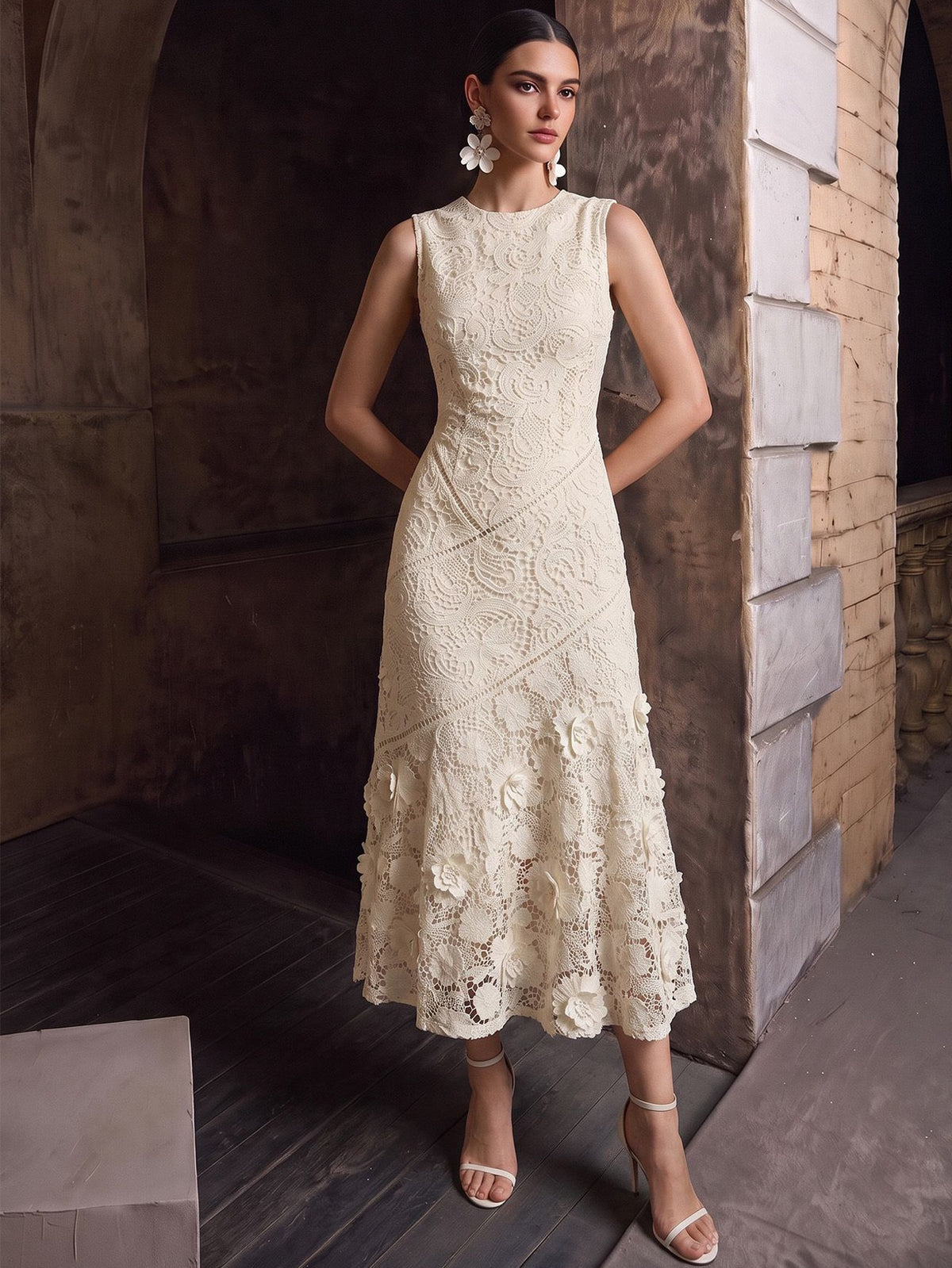 Anewsta Vestido Elegante de Pescoço Redondo de Renda com Splice Vazado, Primavera e Verão - Damasco