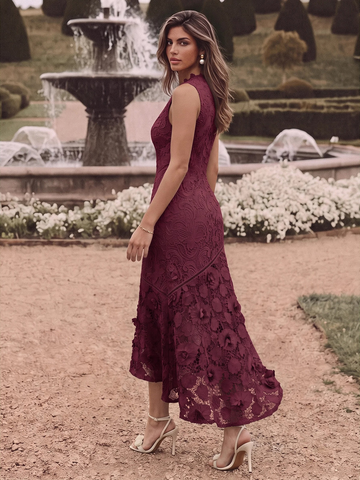 Anewsta Vestido Elegante de Pescoço Redondo de Renda com Splice Vazado, Primavera e Verão - Vinho