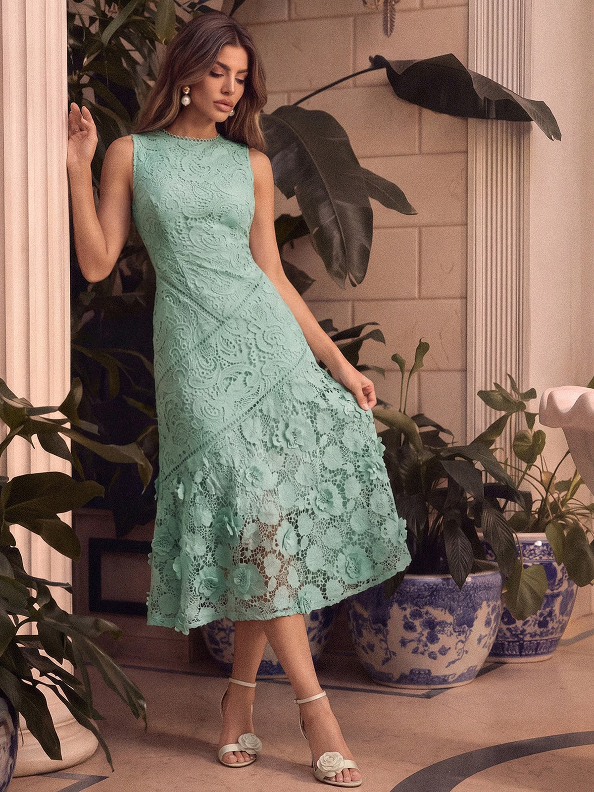 Anewsta Vestido Elegante de Pescoço Redondo de Renda com Splice Vazado, Primavera e Verão - Verde Menta