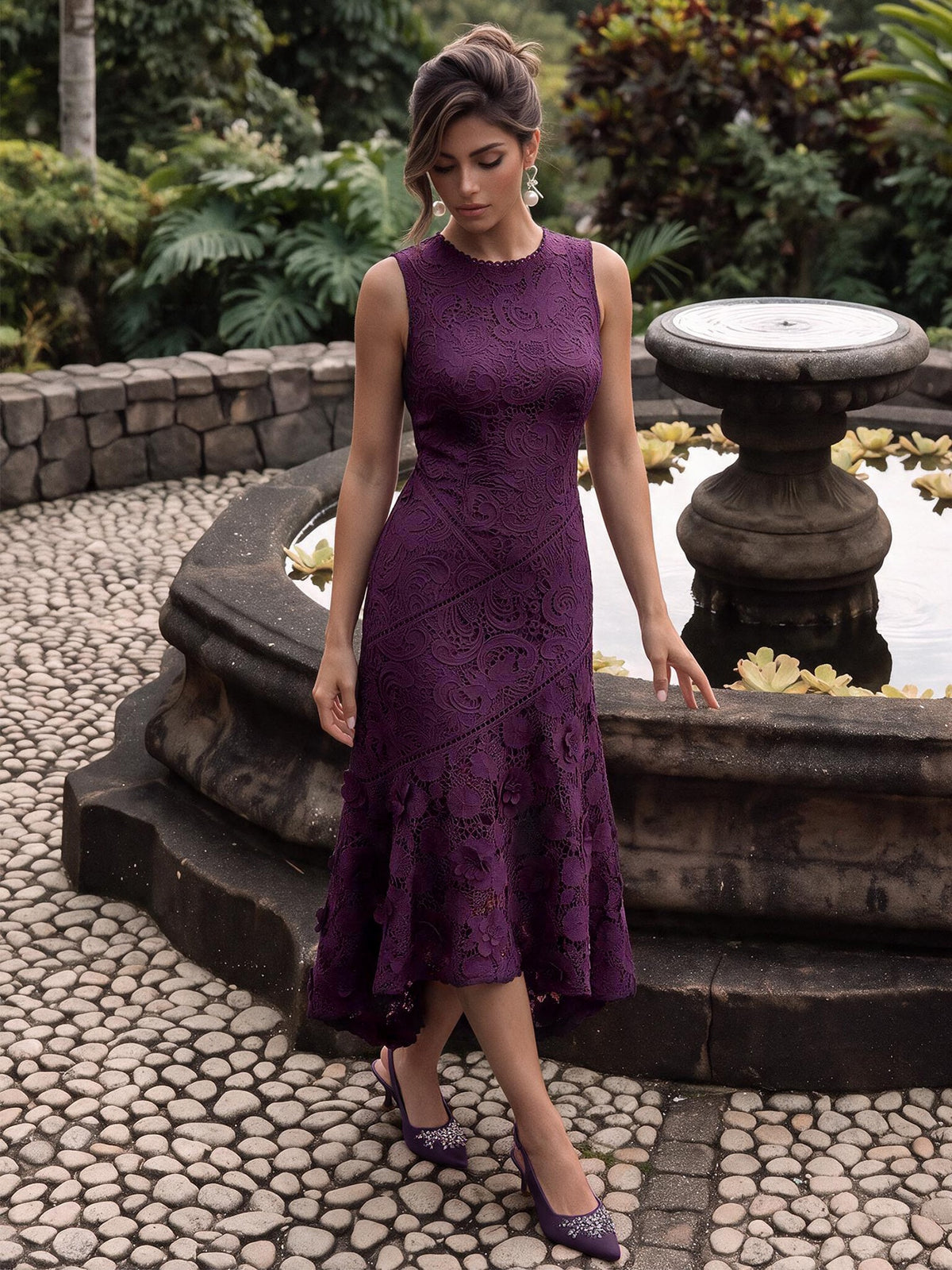 Anewsta Vestido Elegante de Pescoço Redondo de Renda com Splice Vazado, Primavera e Verão - Roxo