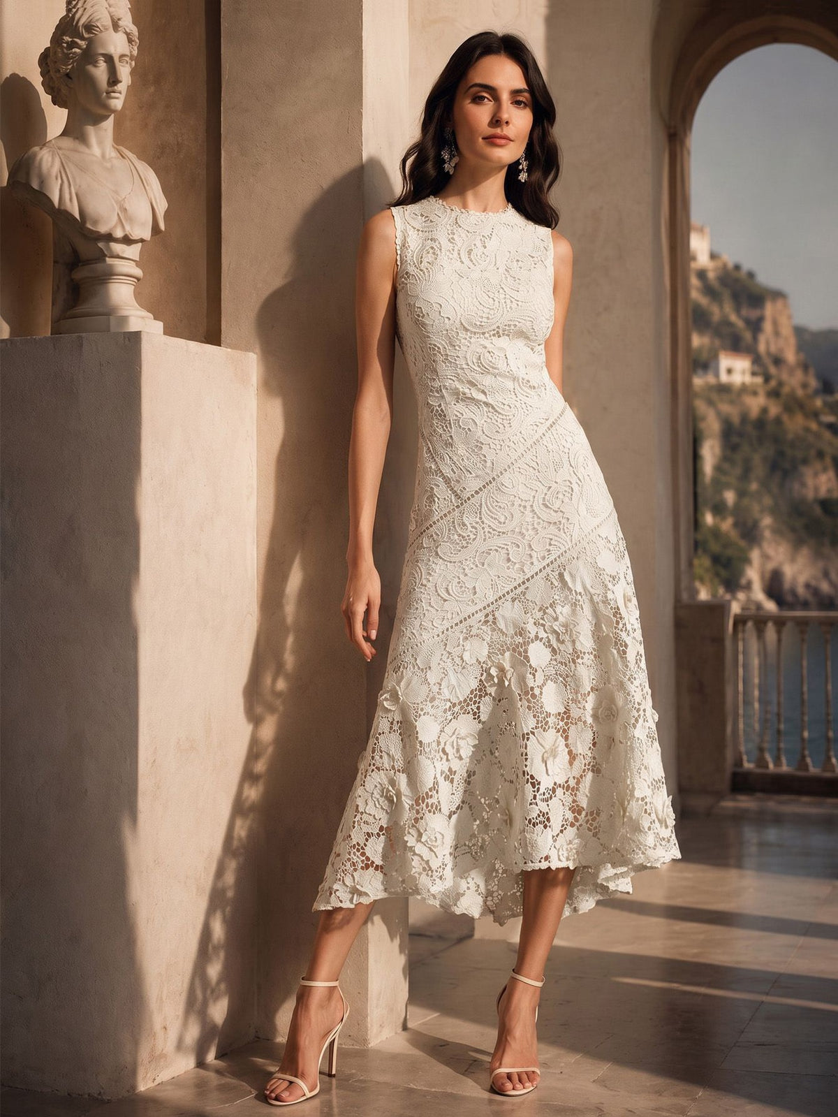 Anewsta Vestido Elegante de Pescoço Redondo de Renda com Splice Vazado, Primavera e Verão - Damasco