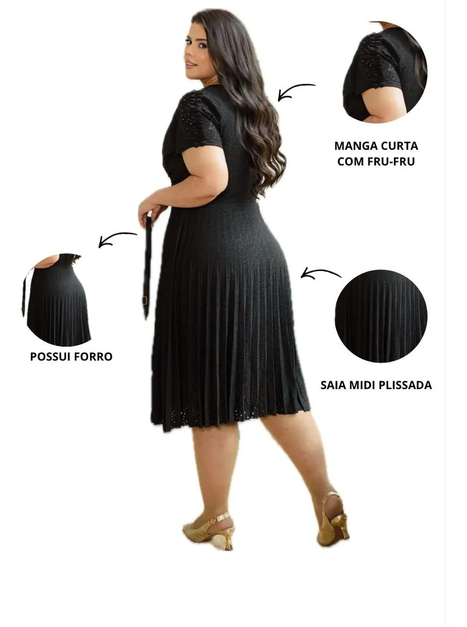 Vestido Midi Em Malha Lese Com Manga Curta Feminino Plissado - Preto