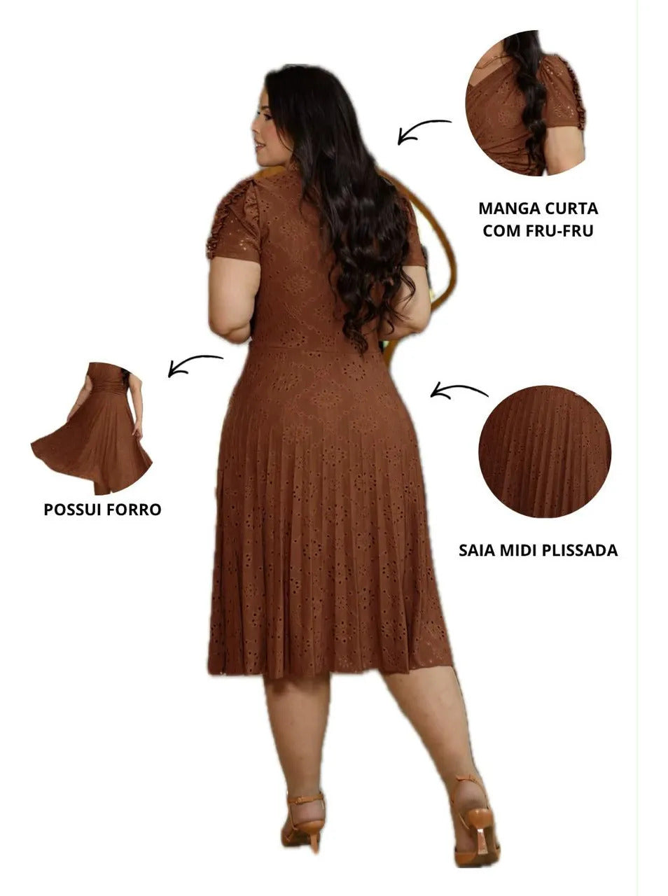 Vestido Midi Em Malha Lese Com Manga Curta Feminino Plissado - Marrom