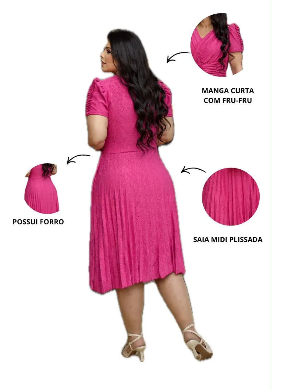 Vestido Midi Em Malha Lese Com Manga Curta Feminino Plissado - Rosa Pink