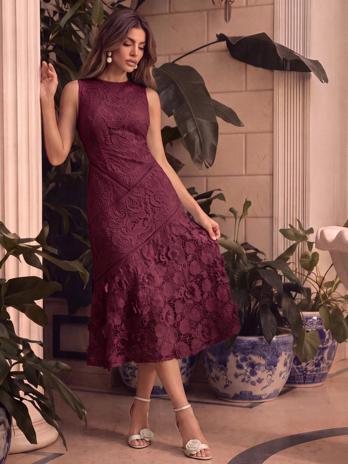 Anewsta Vestido Elegante de Pescoço Redondo de Renda com Splice Vazado, Primavera e Verão - Vinho