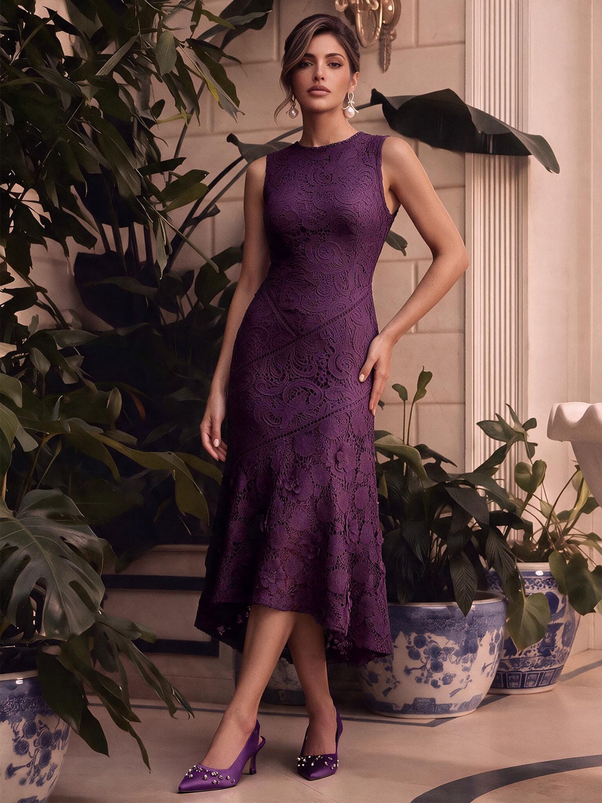 Anewsta Vestido Elegante de Pescoço Redondo de Renda com Splice Vazado, Primavera e Verão - Roxo