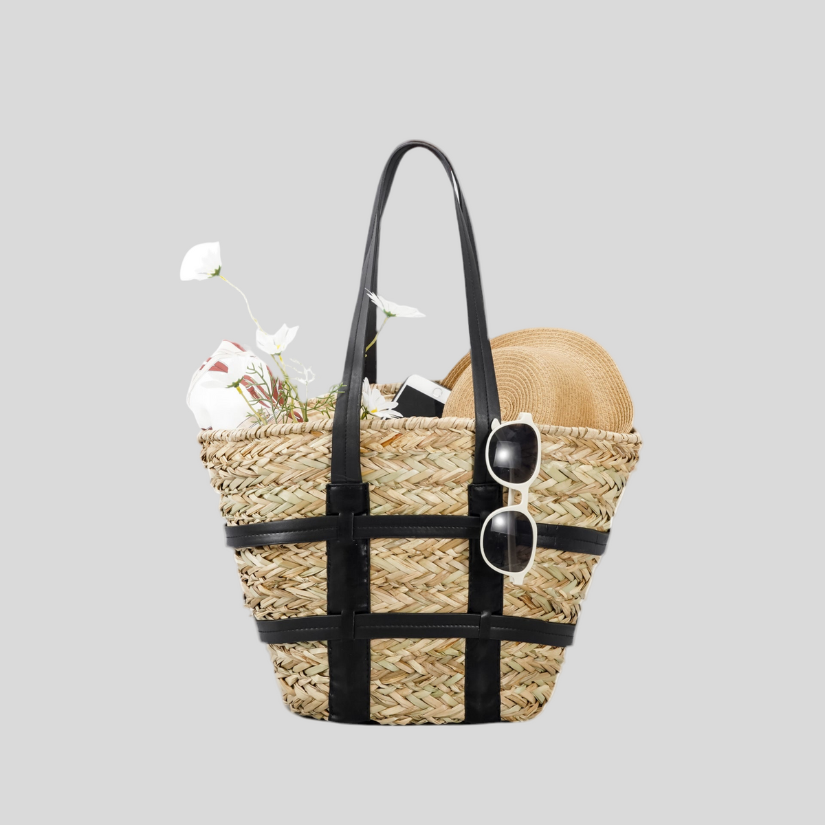 Bolsa de Palha Trançada com Alças em Couro - Vintage