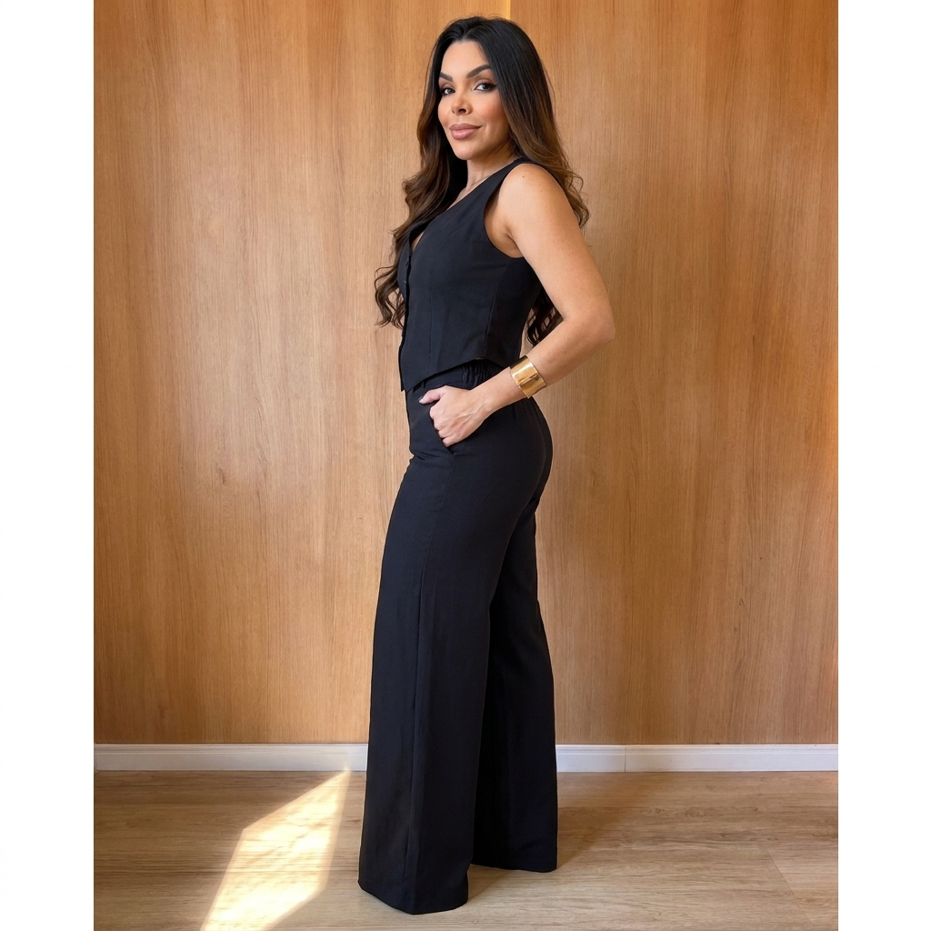 Conjunto de alfaiataria preto de perfil mostrando a calça pantalona