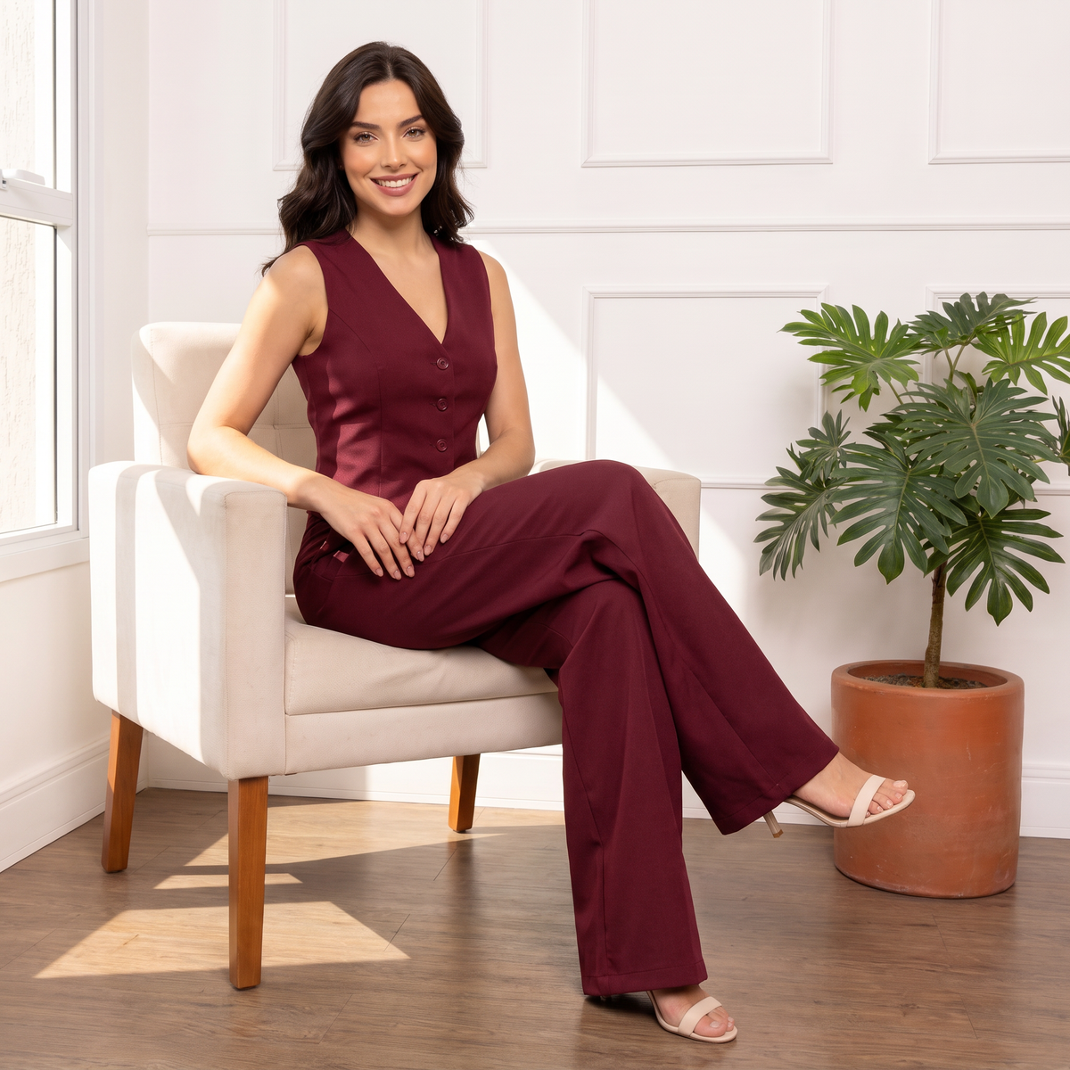 Mulher sentada com conjunto de alfaiataria colete e calça pantalona vinho