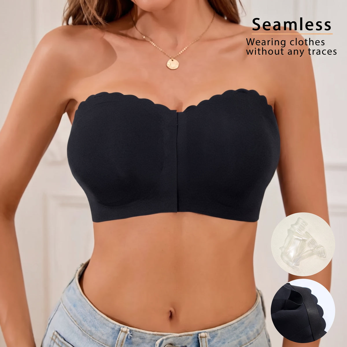 Sutiã Confort preto vestido de frente, sem marcas na roupa